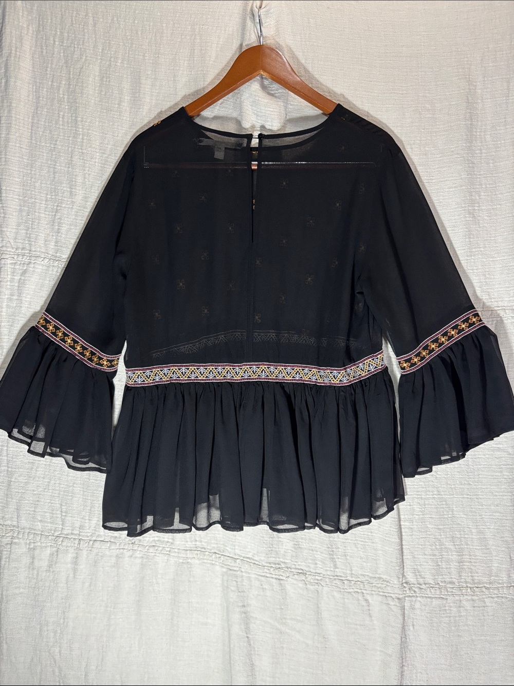 Chelsea & Violet Black Ruffled Peplum Blouse with Gold Embroidery Bell Sleeves - Picture 10 of 11